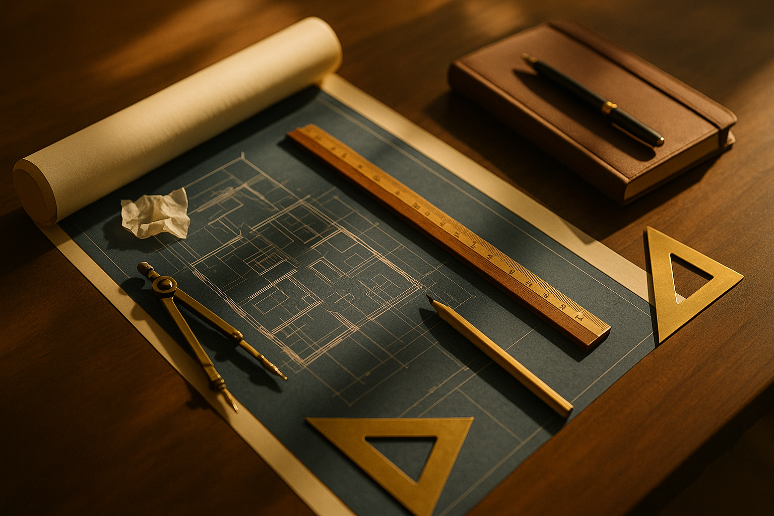 An architect's drafting table with blueprints, brass ruler and drafting compass, illustrating the planning craft behind ADK Royal Developers projects