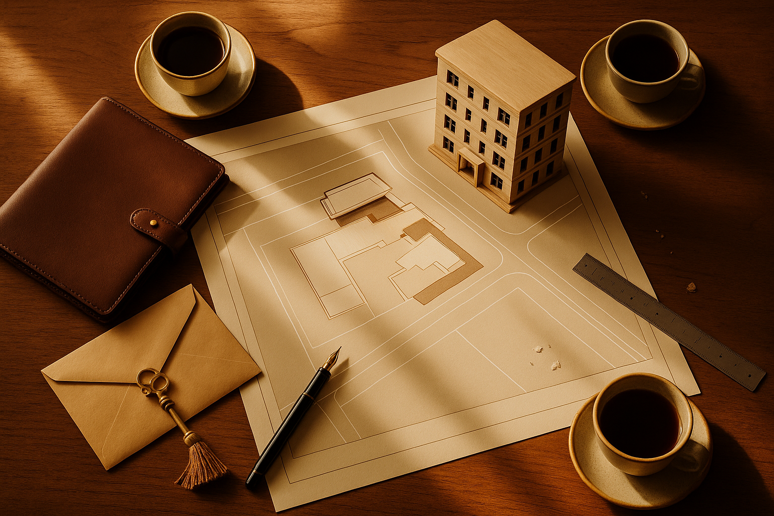 An overhead view of a joint venture meeting setup showing an architectural site plan, a scale model of a residential building, property documents, and a brass key on a warm wooden table